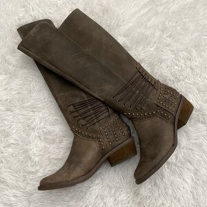 Not Rated weathered brown grommet & stitched riding boot